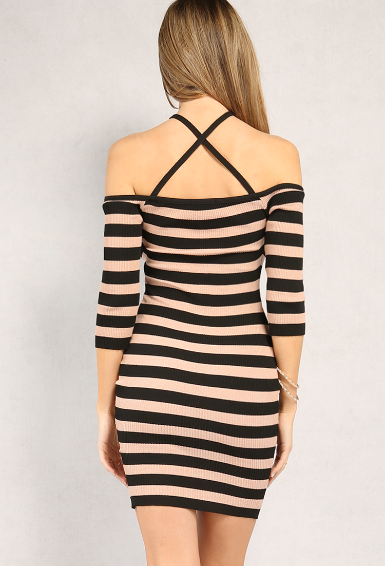 Ribbed Stripe Crisscross-Back Open-Shoulder Dress