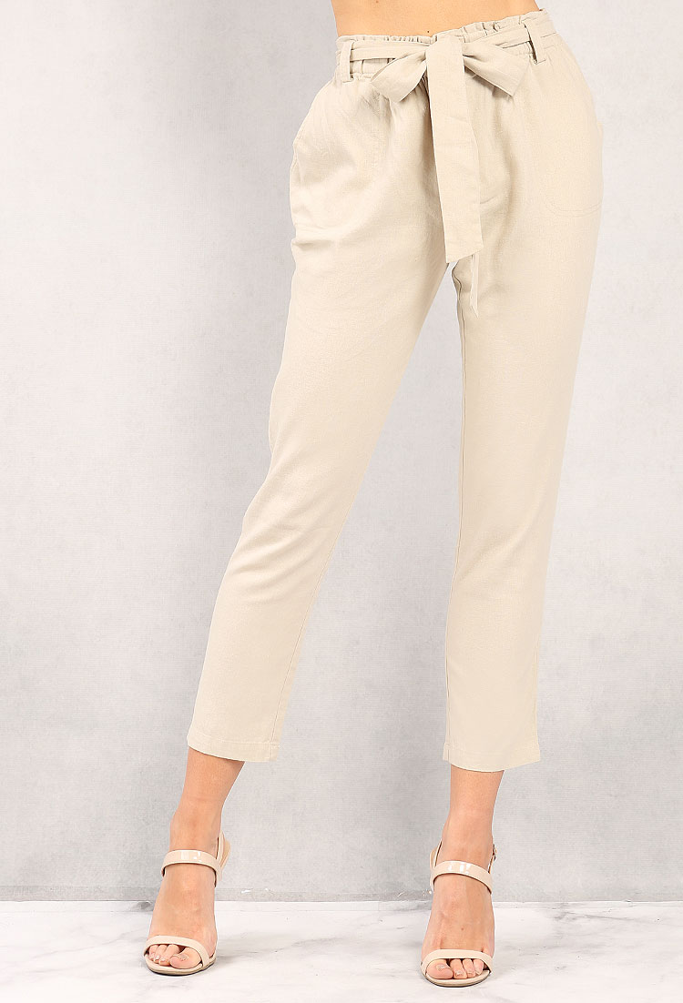 Belted High-Waist Linen-Blend Trousers