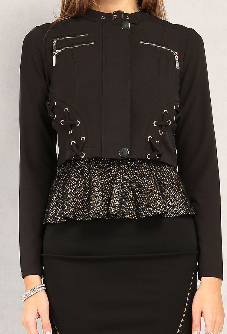 Cropped Lace-Up Detail Moto Jacket