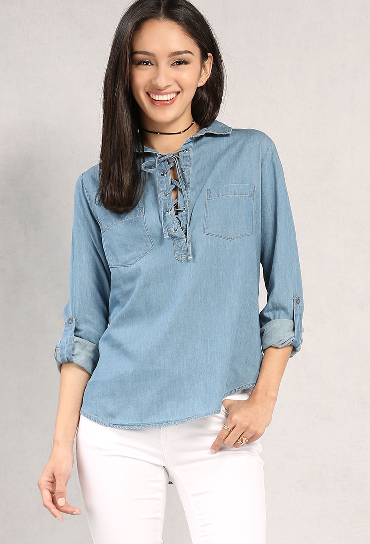 Chambray Two-Pocket Lace-Up Blouse