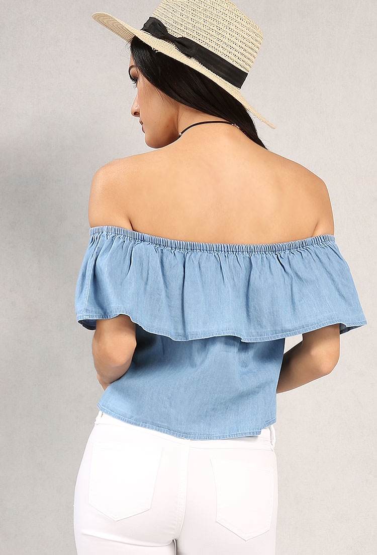 Chambray Off-The-Shoulder Flounce Top