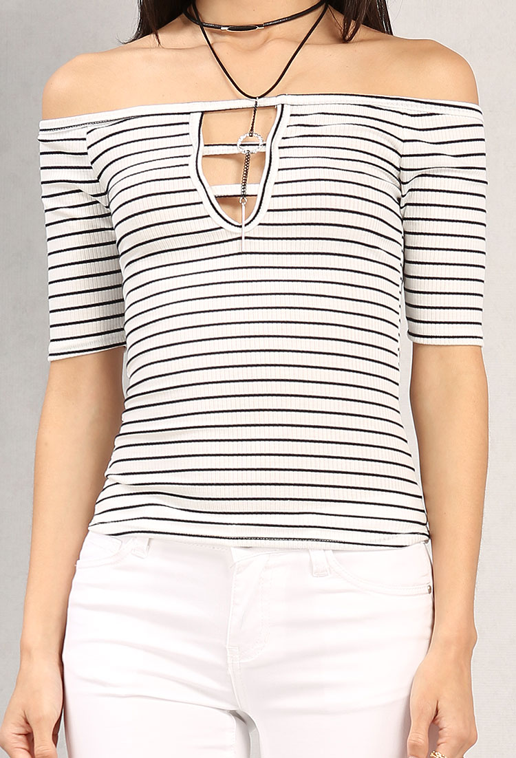 Striped Off-The-Shoulder Cutout Top W/ Necklace