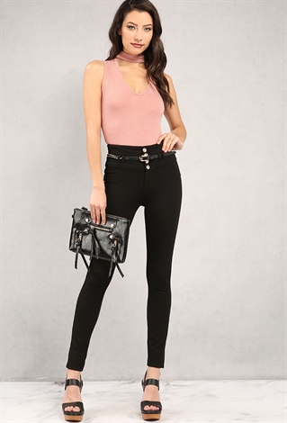 Belted Button High-Waist Jeggings
