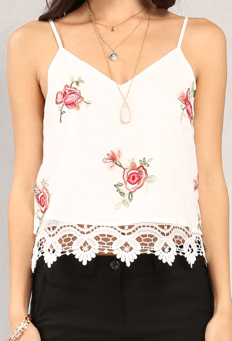 Layered Floral Embroidered Crochet-Trim Cami