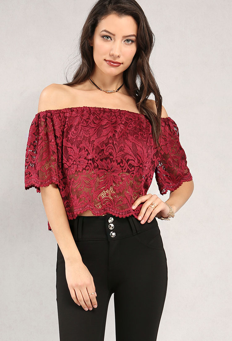 Scalloped Lace Off-The-Shoulder Crop Top