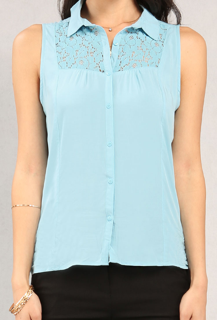 Lace-Trimmed Sleeveless Button-Up Blouse