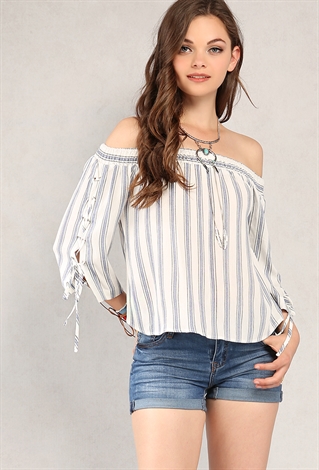 Striped Lace-Up Off-The-Shoulder Top