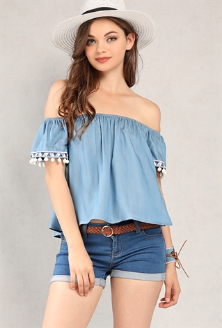 Chambray Pom Pom Trimmed Off-The-Shoulder Top