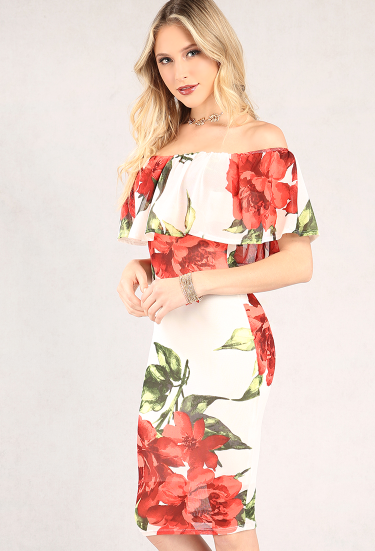 Floral Mesh-Overlay Off-The-Shoulder Flounce Dress