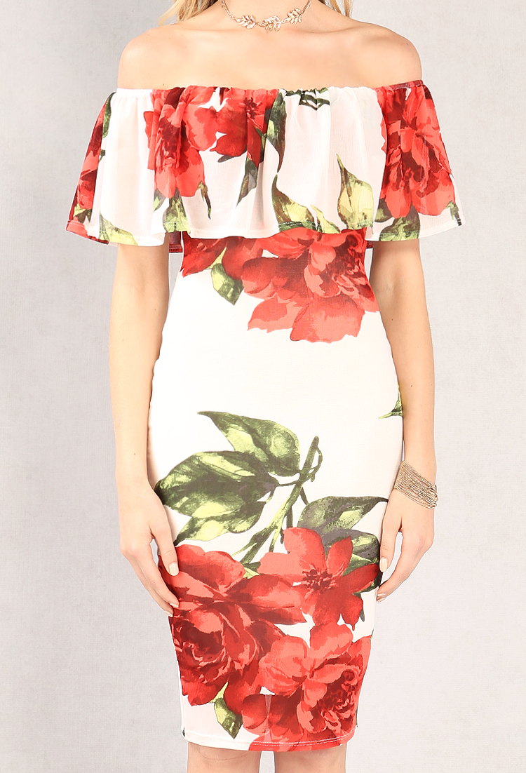 Floral Mesh-Overlay Off-The-Shoulder Flounce Dress