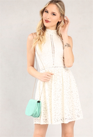 Crochet-Trimmed Lace-Overlay Flare Dress