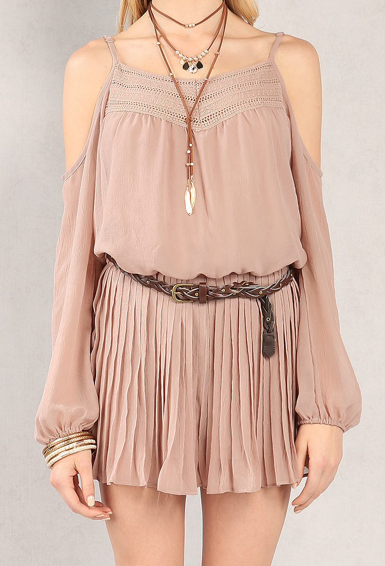 Belted Open-Shoulder Accordion-Pleated Romper