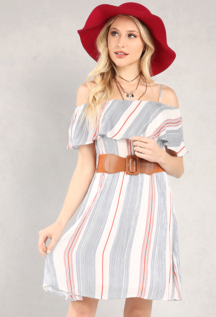 Belted Stripe Off-The-Shoulder Flounce Dress