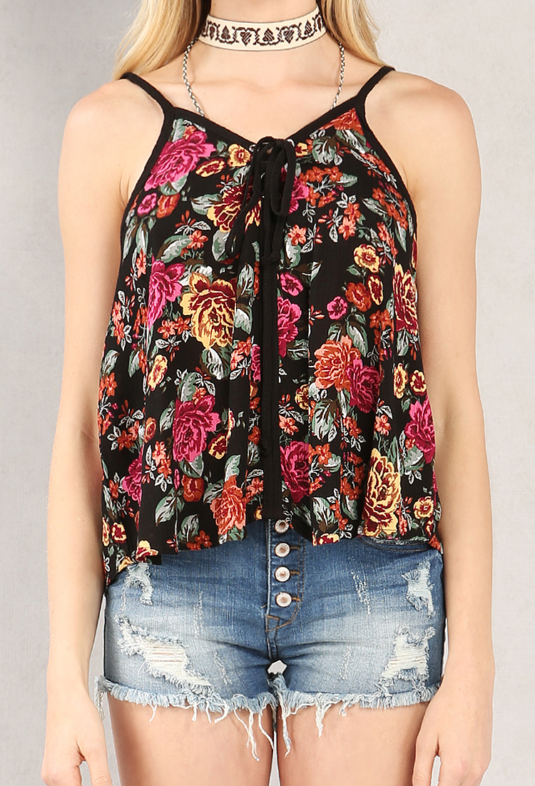 Lace-Up Floral Print Cami
