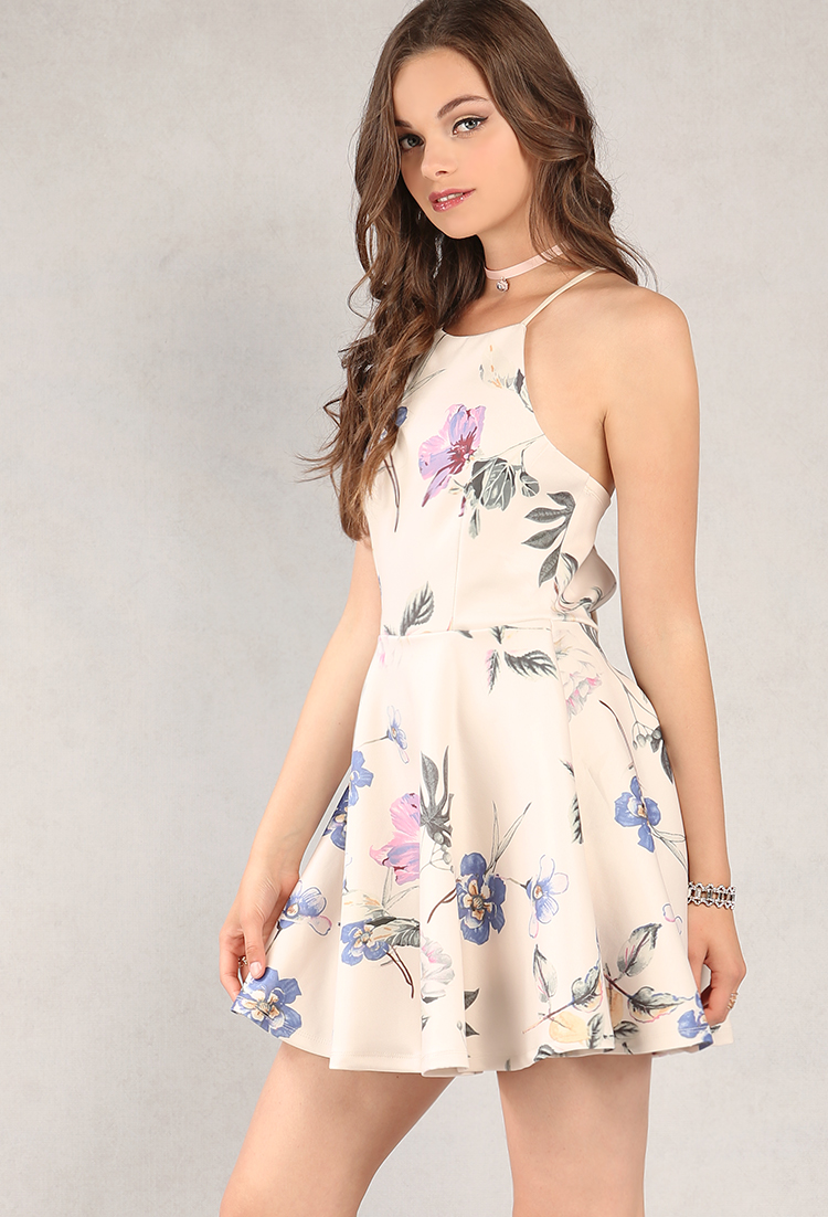 Floral Crisscross-Back Fit And Flare Dress