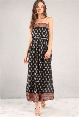 Belted Side-Slit Ornate Print Maxi Dress