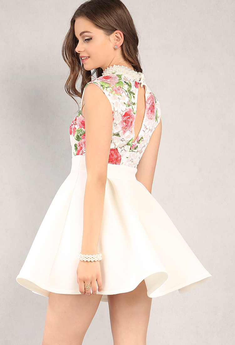 Pearl Embellished Floral Lace Fit And Flare Dress