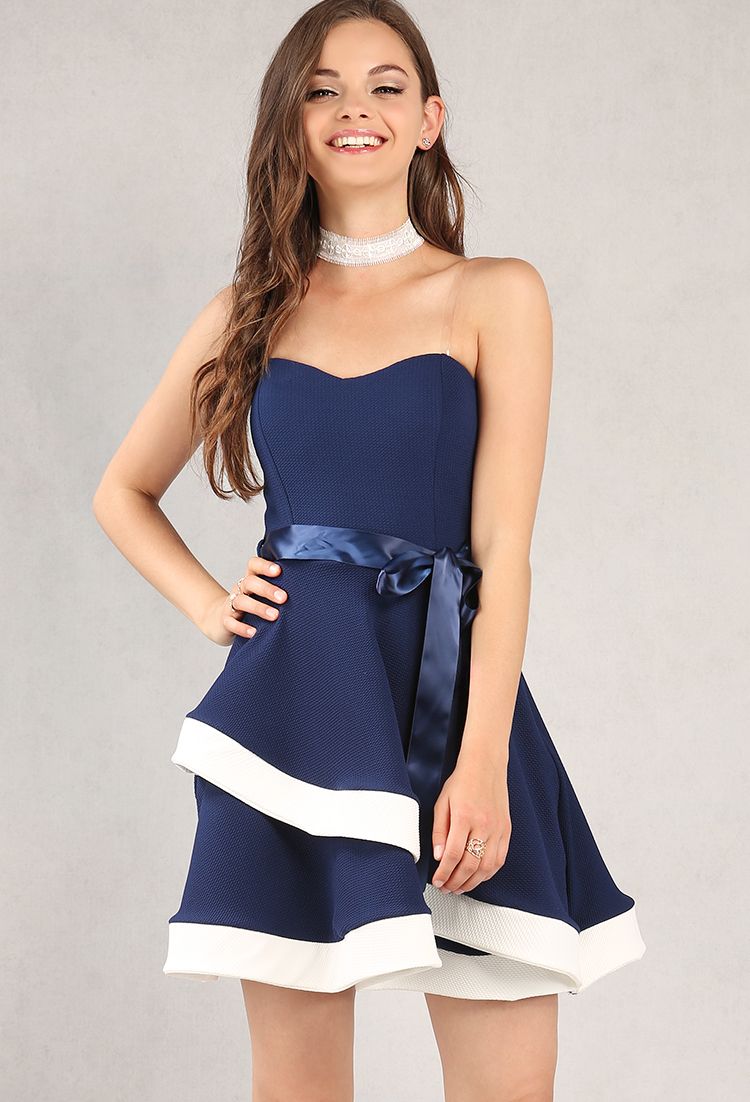 Contrast-Trim Fit And Flare Flounce Dress