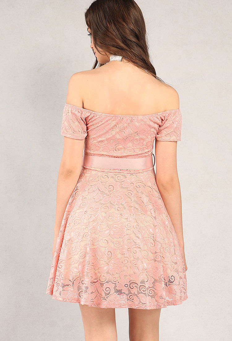 Lace Overlay Off-The-Shoulder A-Line Dress