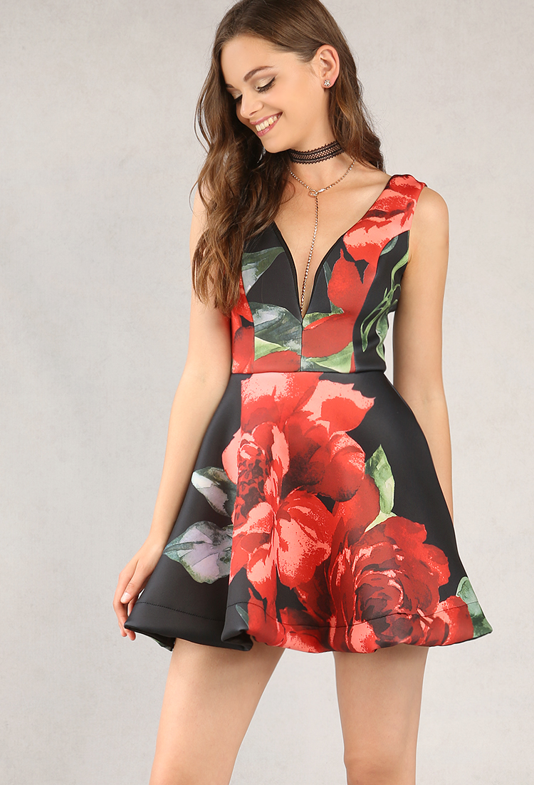 Plunging Floral Fit And Flare Dress