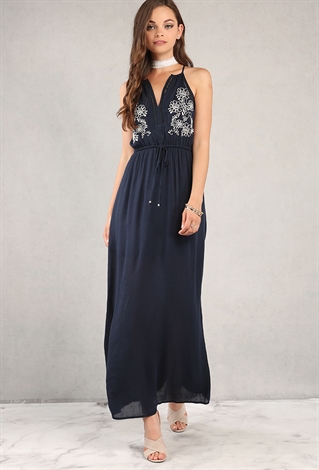 Floral Embroidered Drawstring Maxi Dress