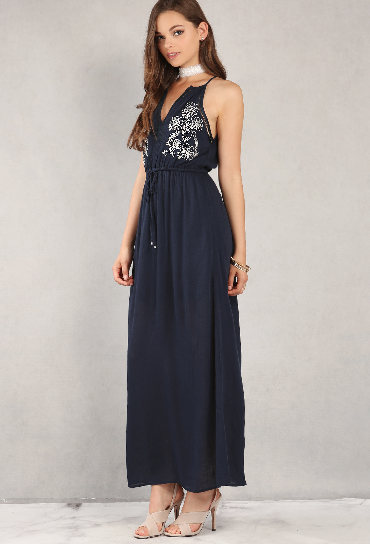 Floral Embroidered Drawstring Maxi Dress