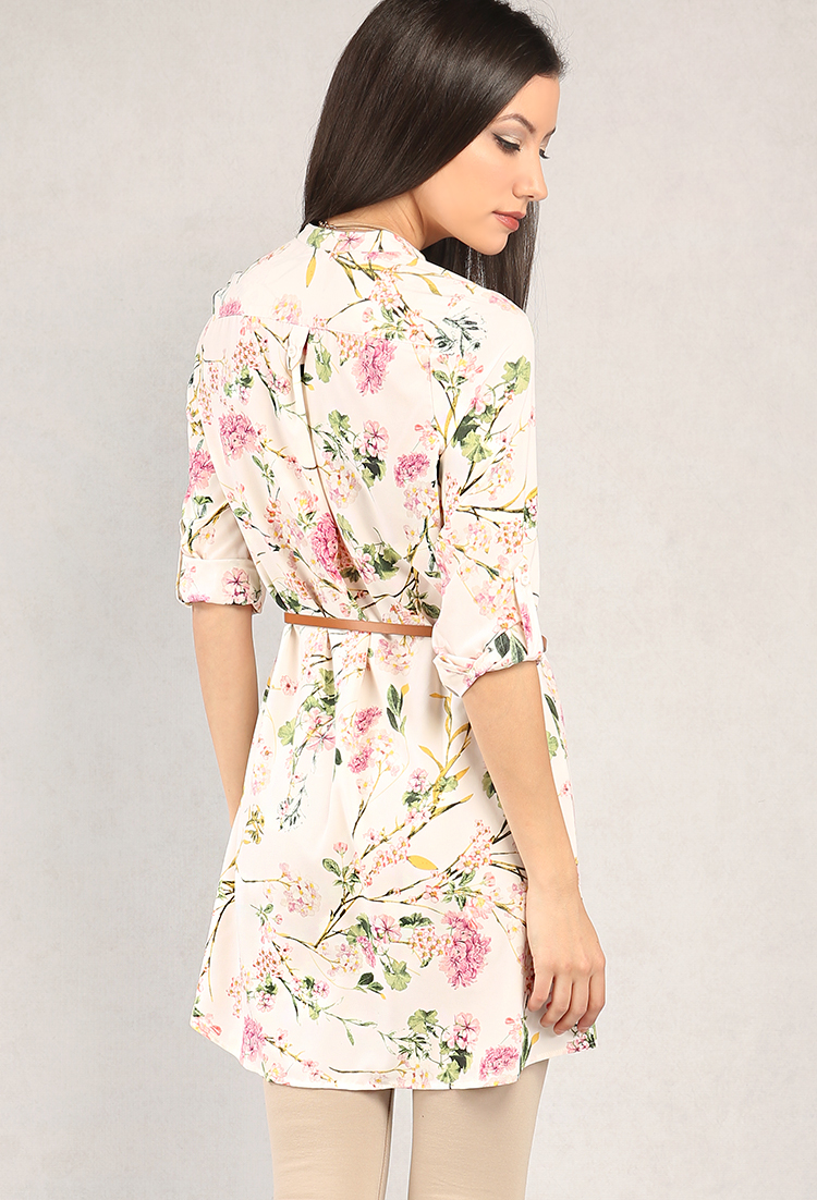 Belted Floral Print Roll-Up Sleeve Tunic