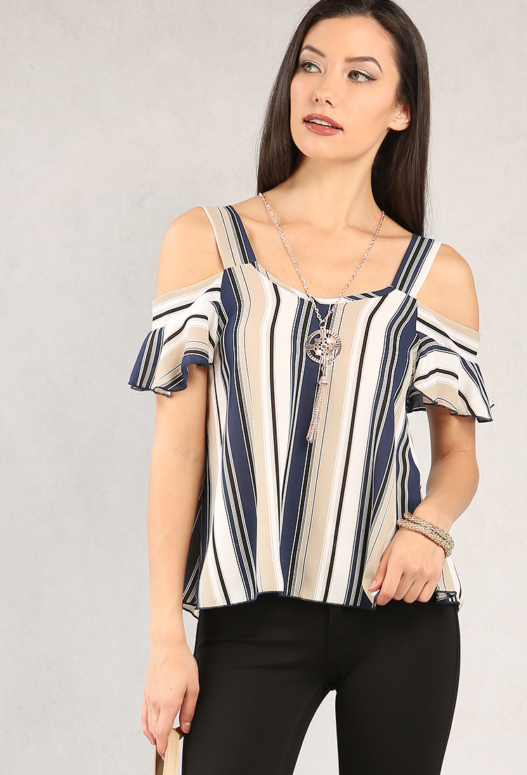 Striped Open-Shoulder Top W/ Necklace