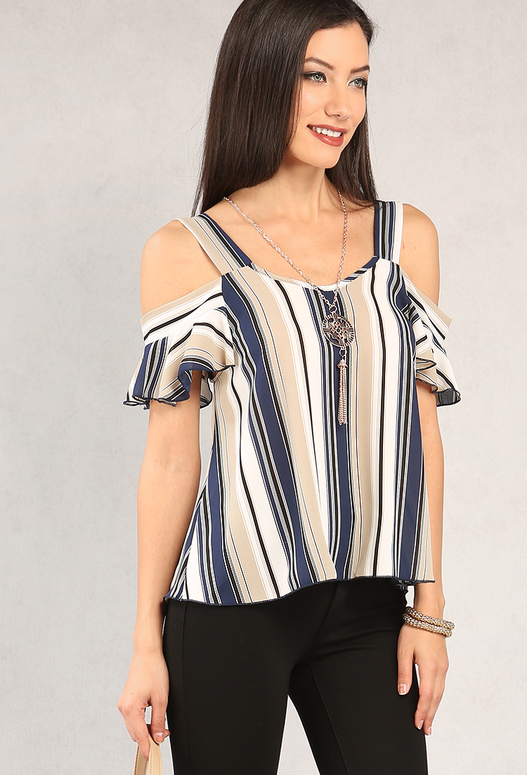 Striped Open-Shoulder Top W/ Necklace
