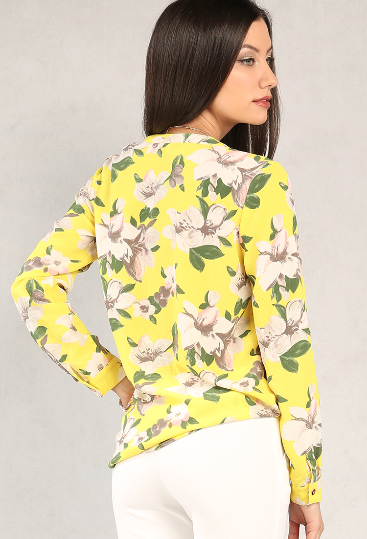Zippered Floral Roll-Up Sleeve Blouse