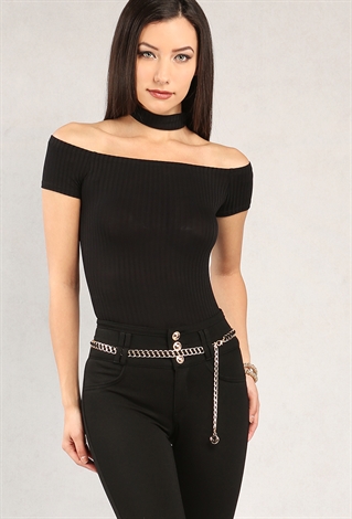 Ribbed Off-The-Shoulder Choker Top