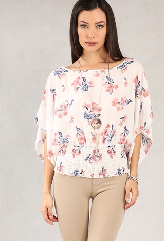 Smocked Floral Print Batwing Top W/ Necklace