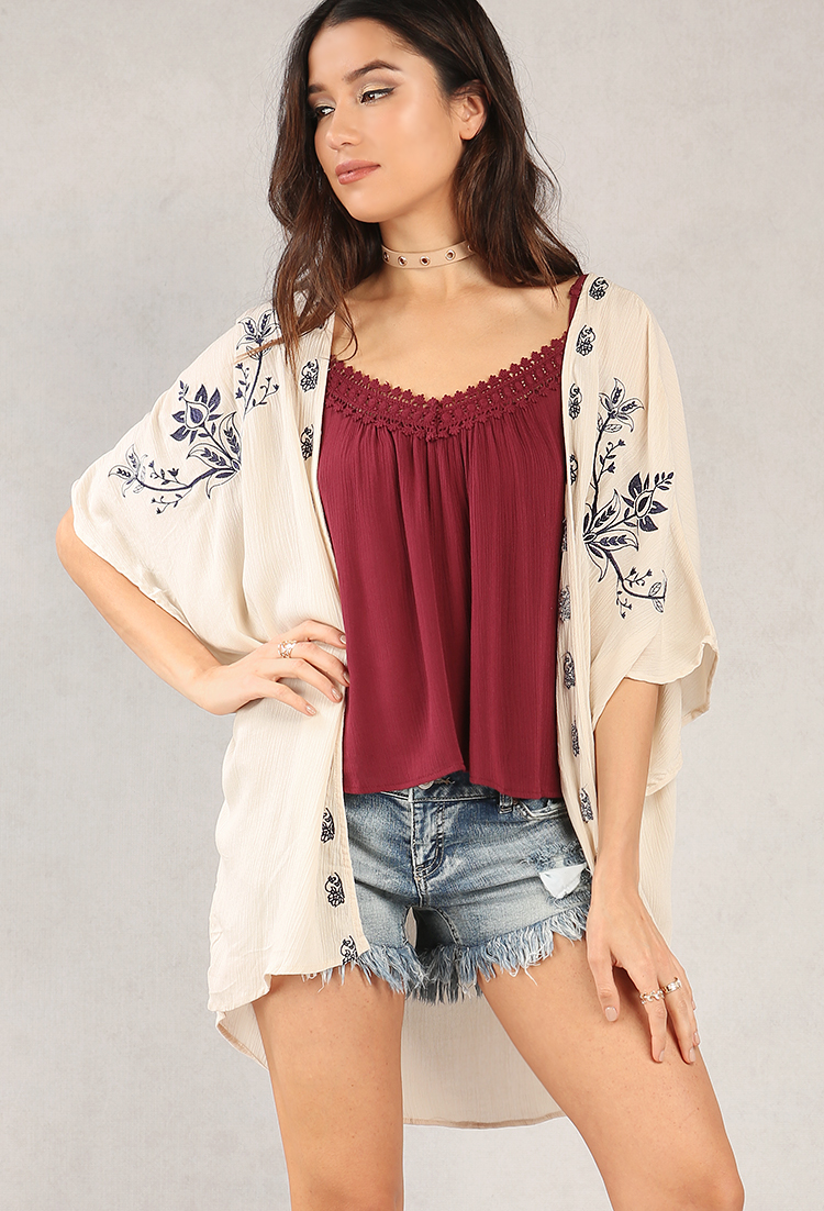 Crinkled Floral Embroidered Kimono