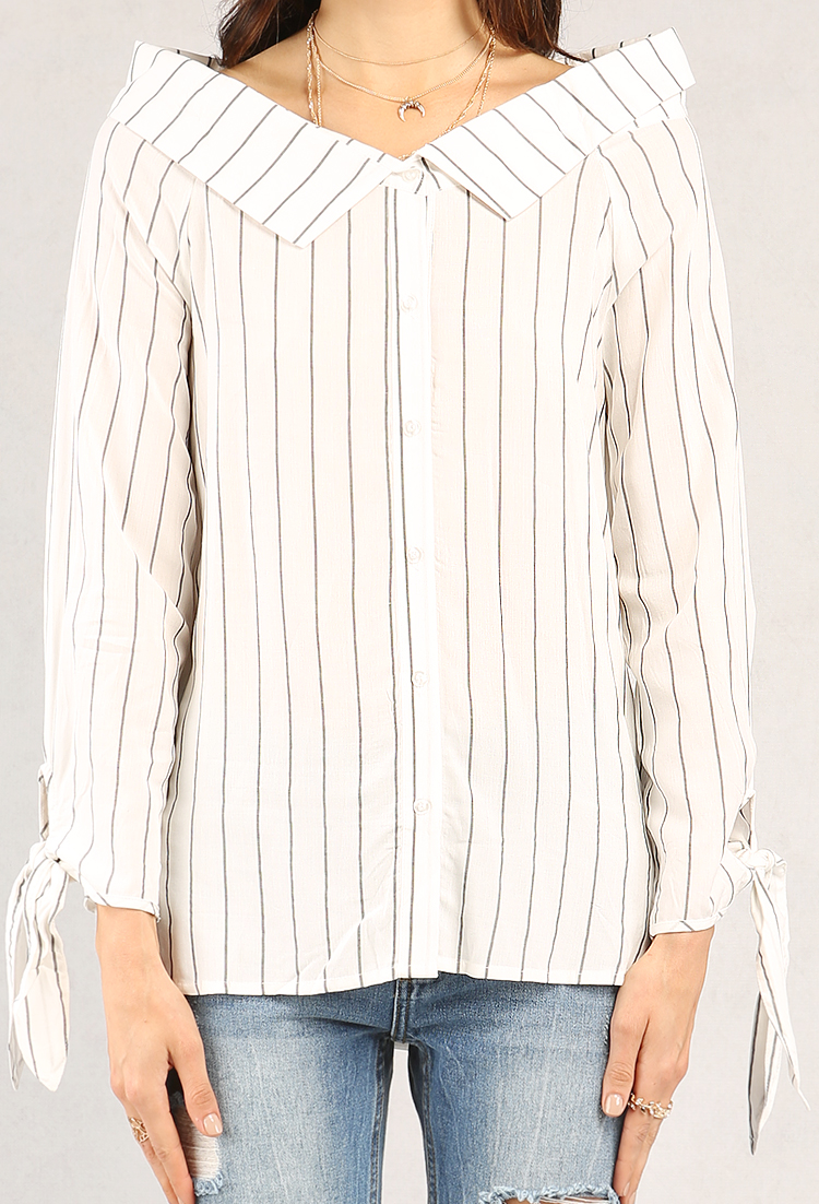 Striped Off-The-Shoulder Button-Up Top