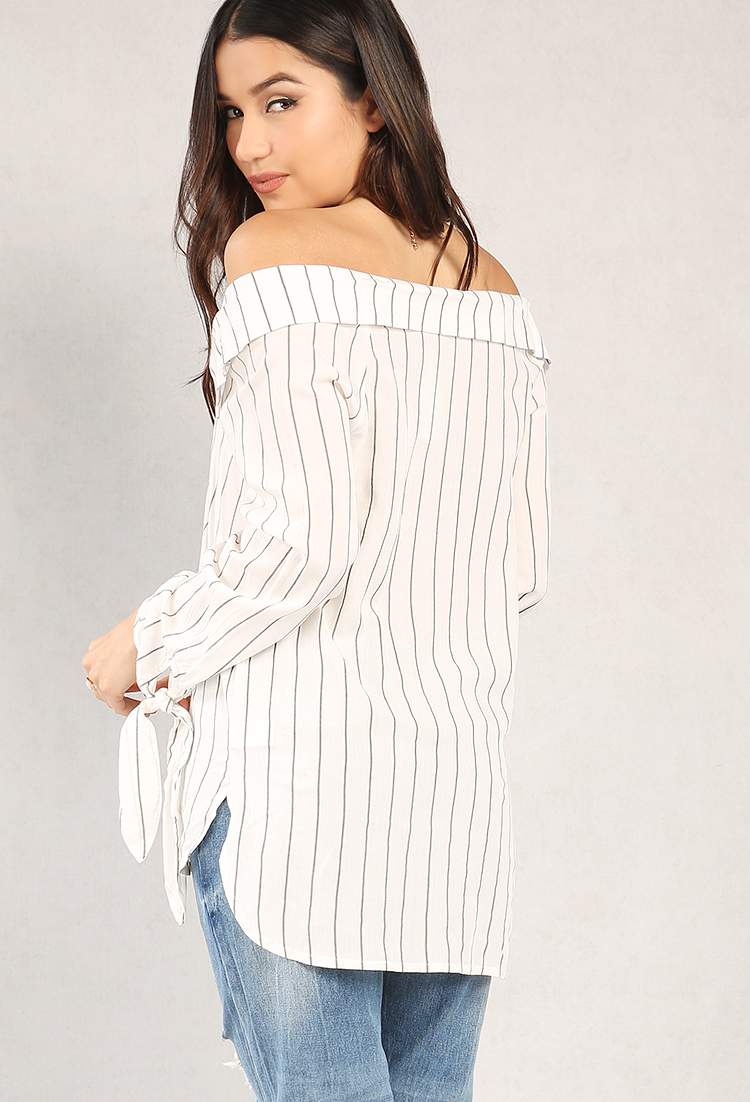 Striped Off-The-Shoulder Button-Up Top