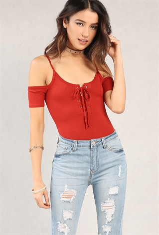 Ribbed Lace-Up Open-Shoulder Top