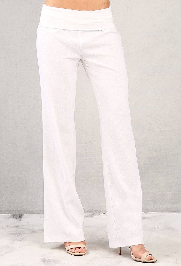 Fold-Over Waist Linen-Blend Pants