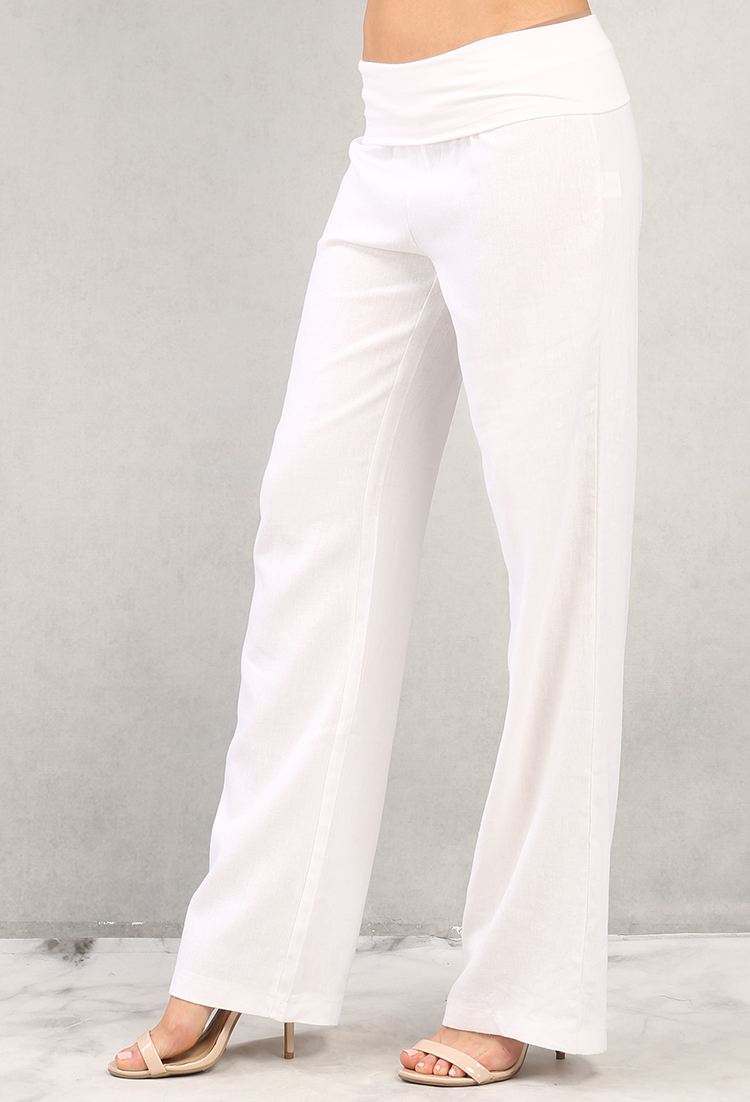 Fold-Over Waist Linen-Blend Pants
