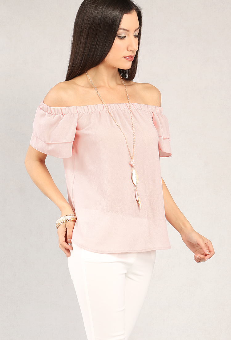 Tiered Ruffle Sleeve Off-The-Shoulder Top W/ Necklace