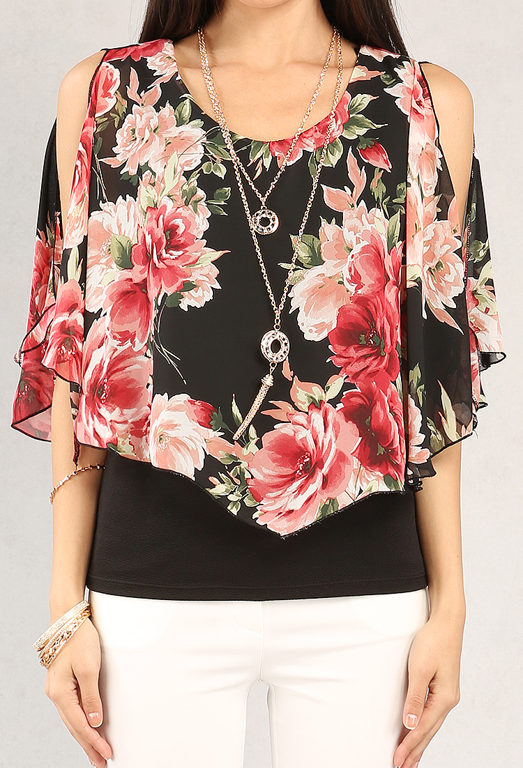 Layered Chiffon Floral Open-Shoulder Top W/ Necklace