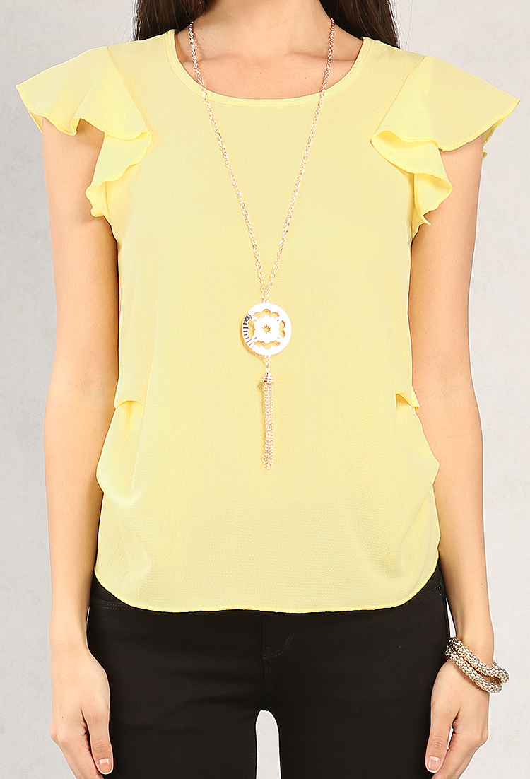 Ruffled Cap-Sleeve Top W/ Necklace