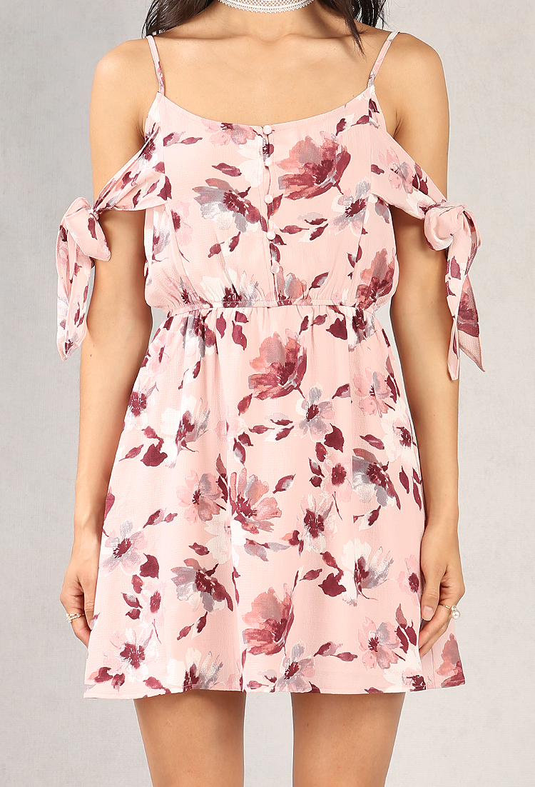 Buttoned Floral Self-Tie Open-Shoulder Dress