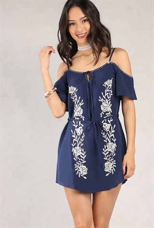 Rose Embroidered Open-Shoulder Tunic