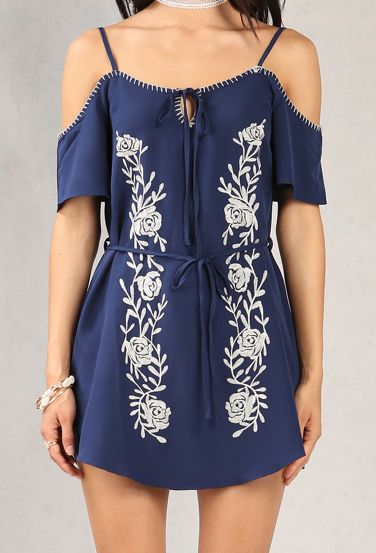 Rose Embroidered Open-Shoulder Tunic