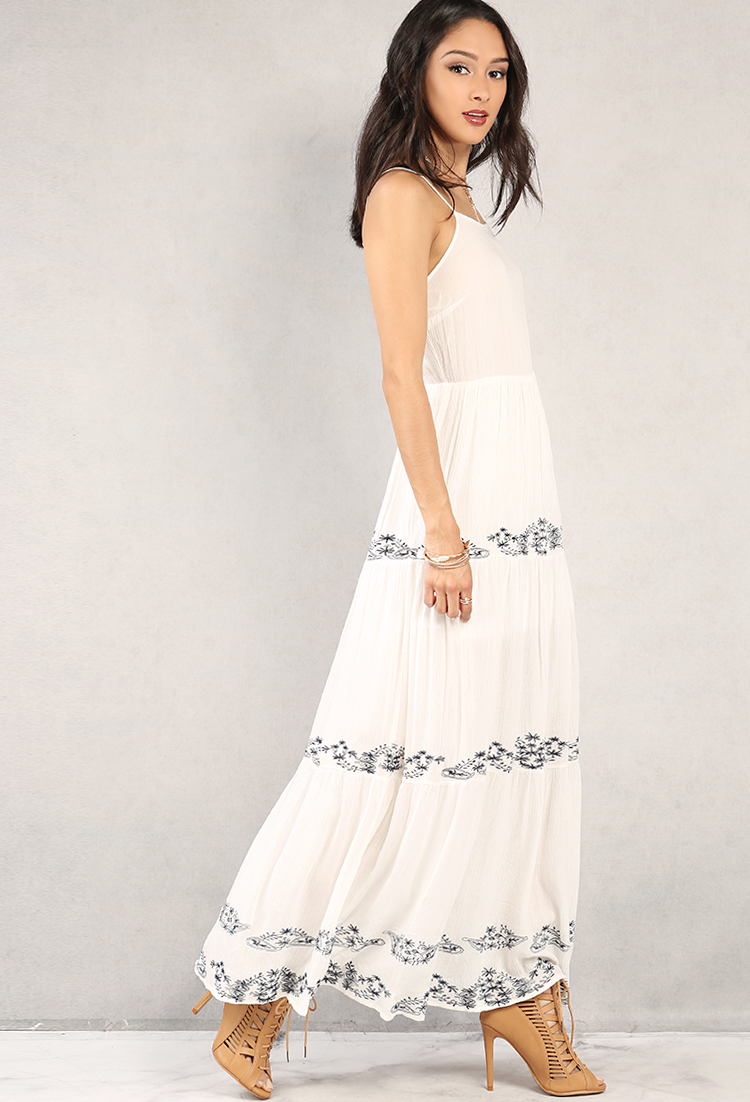 Crinkled Floral Embroidered Lace-Up Maxi Dress