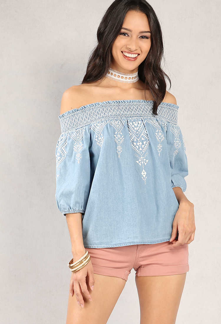 Smocked Chambray Embroidered Off-The-Shoulder Top