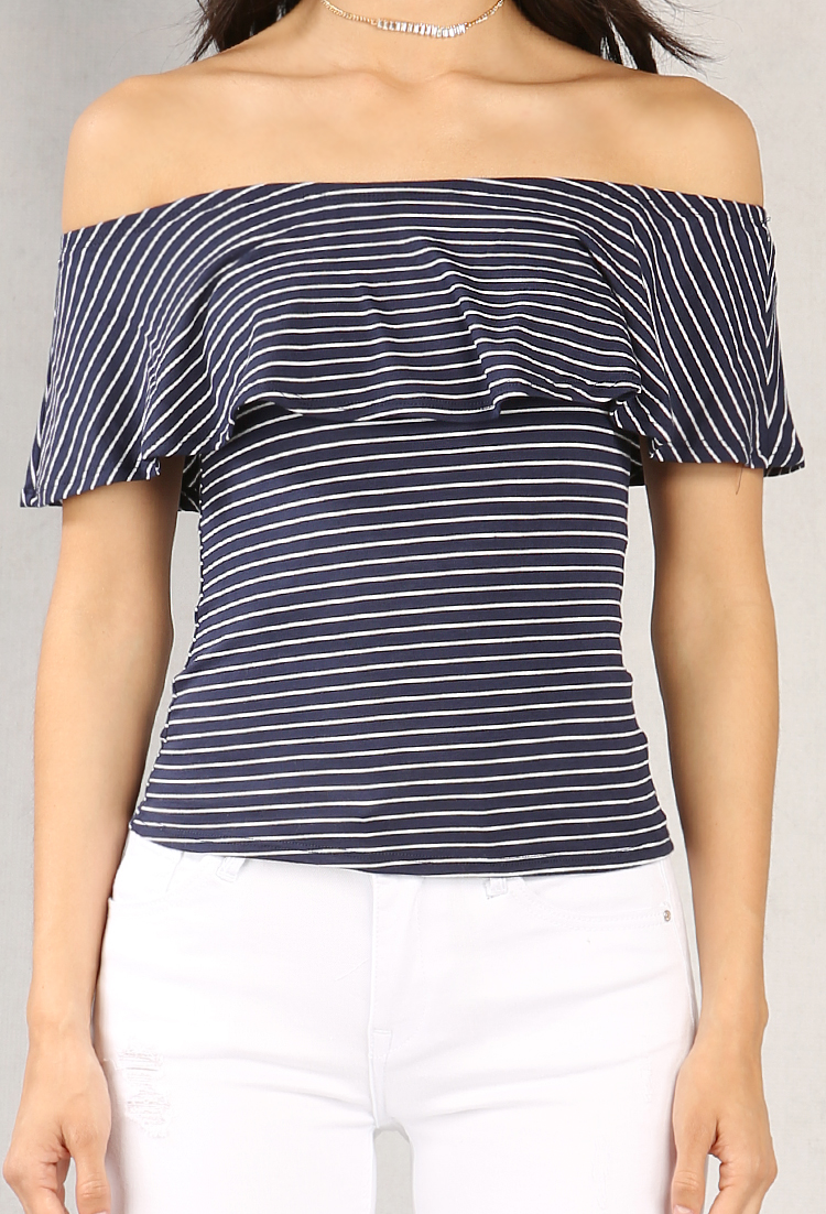 Striped Off-The-Shoulder Flounce Top