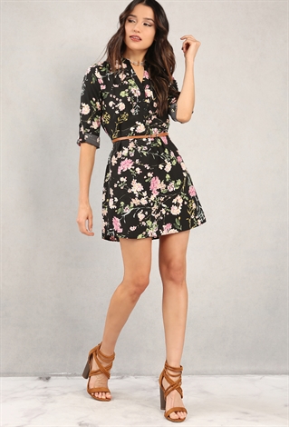 Belted Floral Print Roll-Up Sleeve Tunic