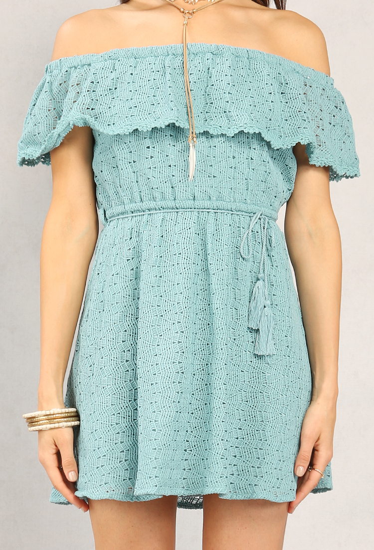 Crocheted Knit Off-The-Shoulder Flounce Dress