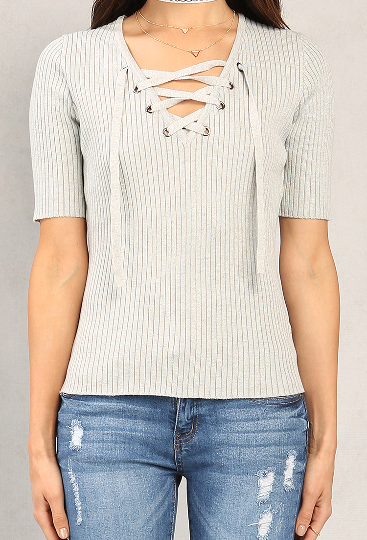 Ribbed Lace-Up Knit Top